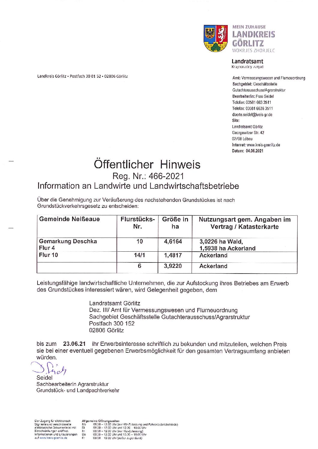 Öffentlicher Hinweis, Reg.Nr.: 466-2021, Information an Landwirte und Landwirtschaftsbetriebe